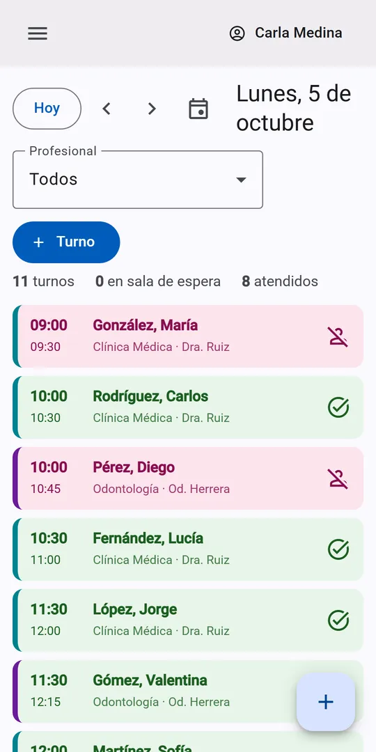 Agenda del día con los turnos de los profesionales